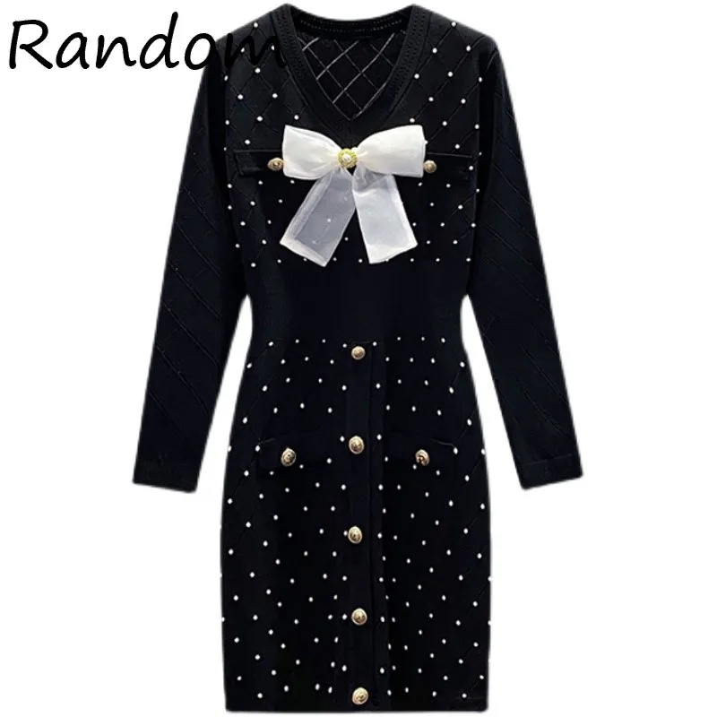 

Women Knitted 2021 New Winter Sweet Cute Pearls Beaded Party Dress Long Sleeve Chic Streetwear Ladies Bow A Line Dresses Clothes