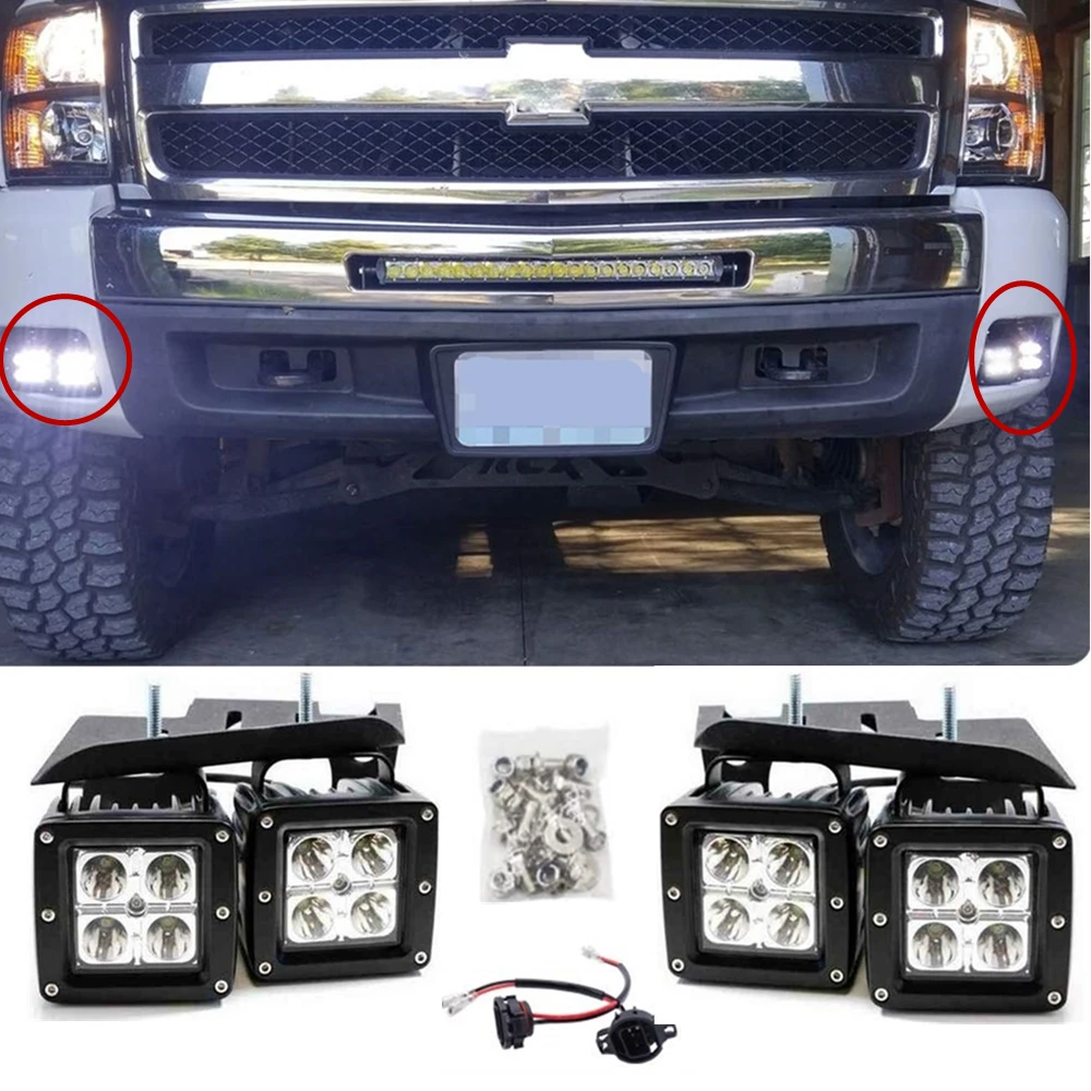 4x Car 3Inch LED Work Fog Lights With Conversion Plug Wiring kit, Mounting Bracket For Chevy Silverado 1500 2500 3500 2007-2014