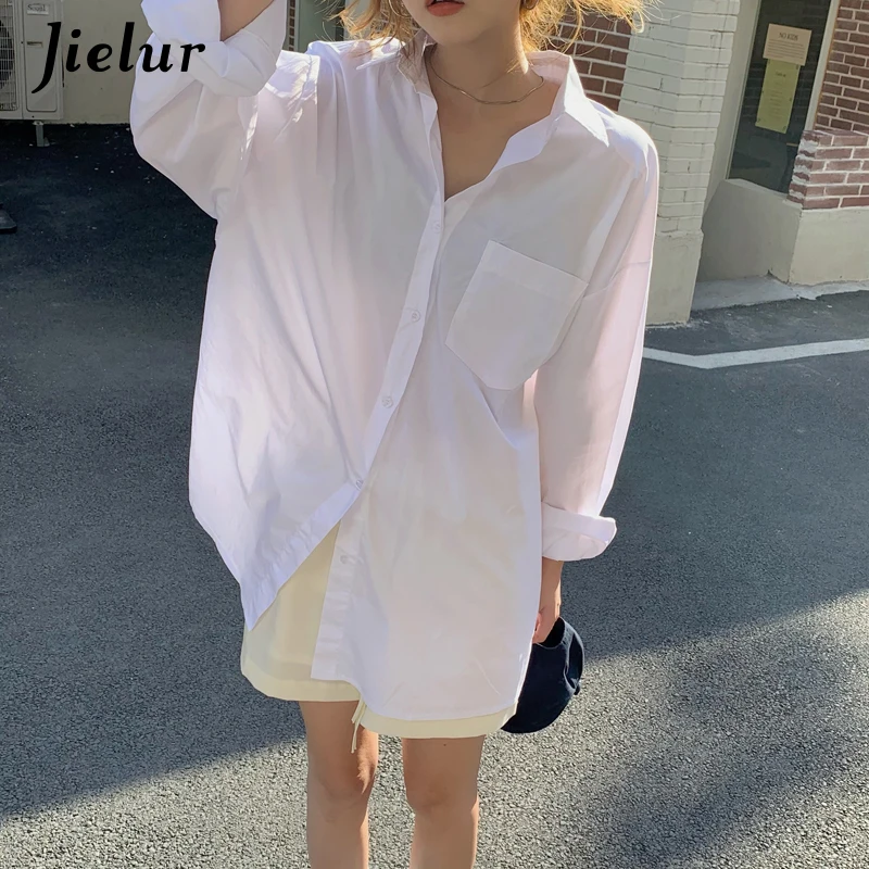 Jielur Korean Mid-length Harajuku Women Shirts Loose Blouse Female Street Casual Cool Boyfriend White Blue Shirt Pocket S-L