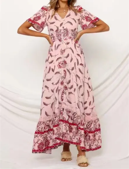 2020 BOHO Lage Feder Print Kurzarm Kleid Schlitz Urlaub Frauen Elastische Taille einreiher Tasten Maxi Lange Kleider