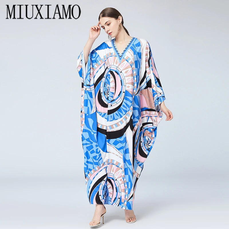 

MIUXIMAO 2023 Plus Size Dress V-neck Batwing Sleeve Maxi Dress Women Elastic Silk Floor Length New Kaftan Blue Loose Dress