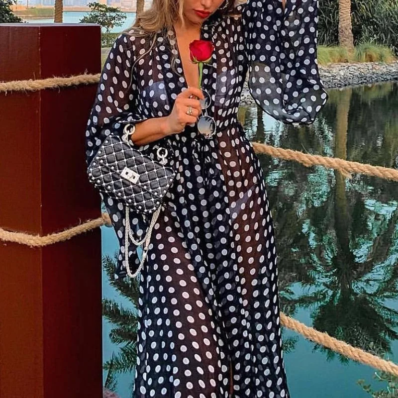 Klassische Polka dot Frauen Badeanzug Cover Up Hülse Kaftan Strand Tunika Kleid Robe De Plage Baumwolle Pareo Malachit Grün Beachwear