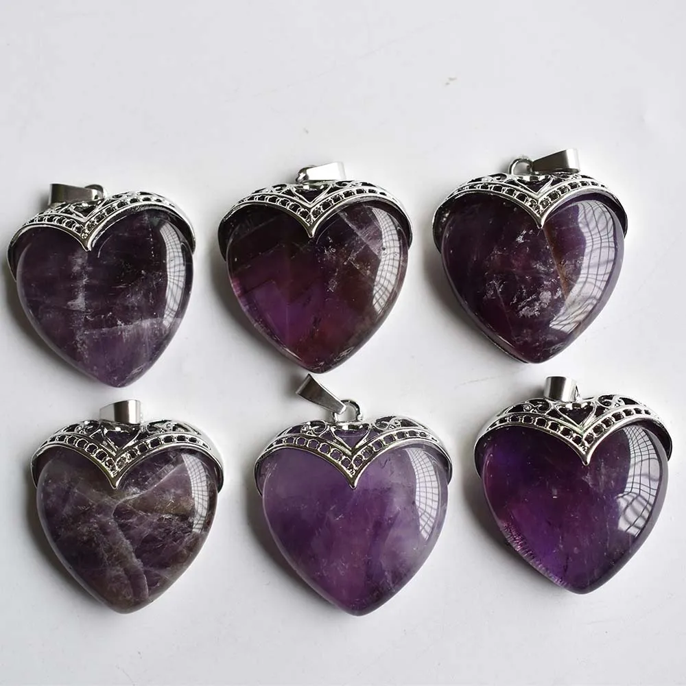 Natural amethysts green Aventurine tiger's eye Quartz Heart Pendant women's for jewelry making 6pcs/lot Wholesale free shipping