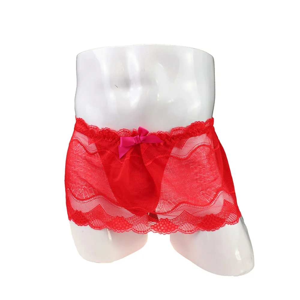Sexy Underwear Mens Red Gauze Print Transparent Thongs G-String With Skirt Design Sissy Lace Underpants ZJH1019-5
