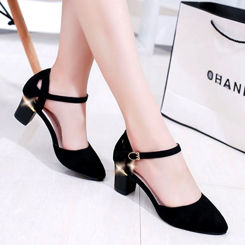 Women Cute Sweet Black Buckle Strap Square Heel Shoes for Office Lady Classic Comfort Summer Heel Pumps Zapato Tacon E5986