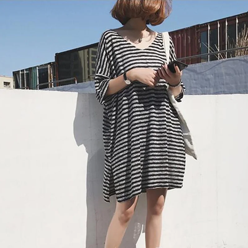 Women's T-shirt Dress Summer Loose Mid-Length Striped Short-Sleeved T-shirts Oversize Korean Dongdaemun High Quality Clothing