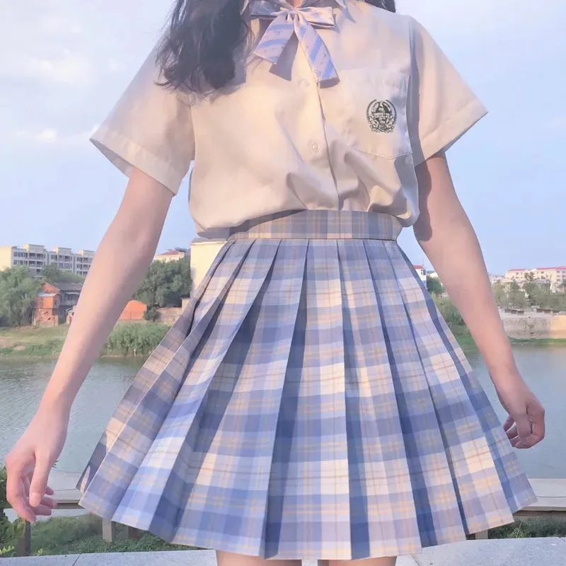 [Ice Cream] Japanese Girl Summer Blue Plaid High Waist Pleated Skirts Plaid Skirts Women Dress For JK School Uniform Students