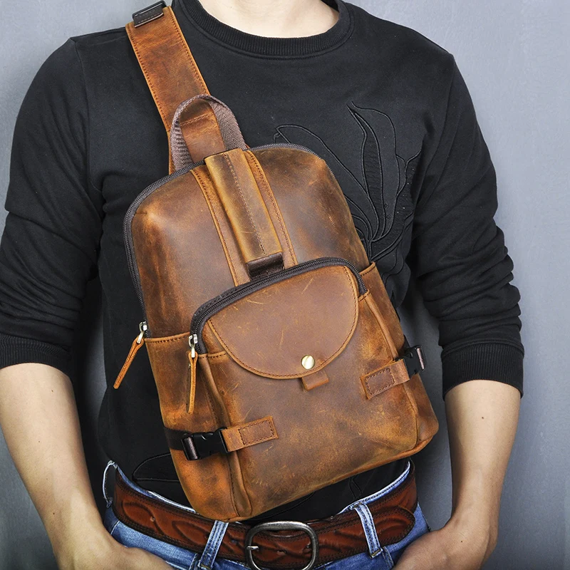 Crazy Horse Leather Men Casual Fashion Travel Triangle Chest Sling Bag Design 10\