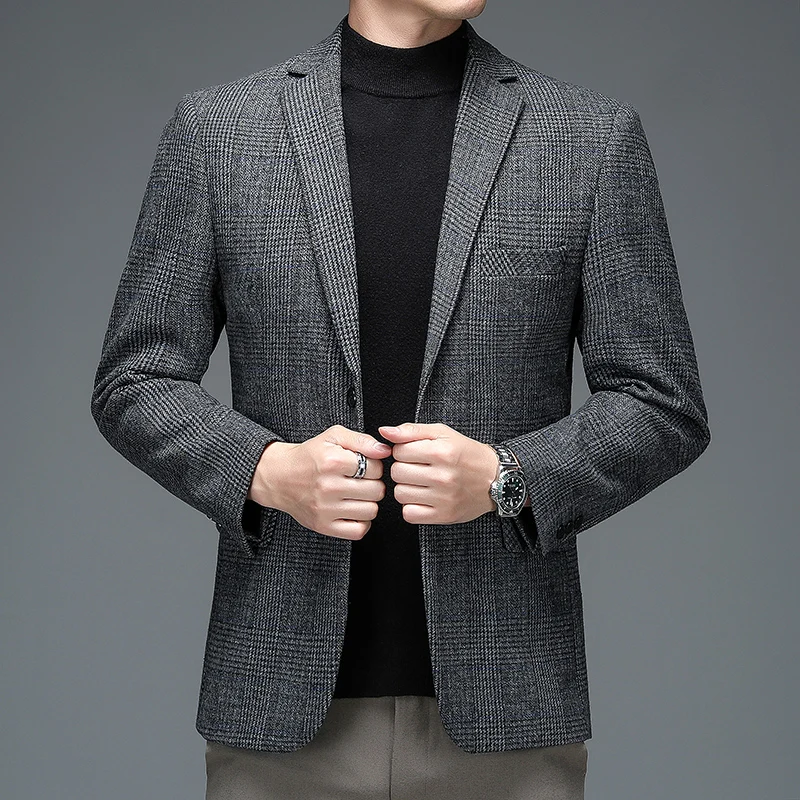 Autumn Winter Men Plaid Wool Blazer Smart Casual Gray Camel Navy Blue Checked Pattern Woolen Blend Jacket Suit Elegant Outfits