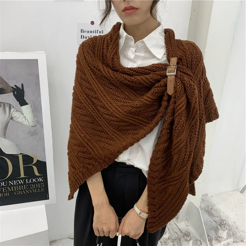 Shawl Women Poncho Knitted Scarf Cloak With Buckle Fashion Tops Autumn Winter Korean Clothes Brown Cardigan Vintage Sweaters