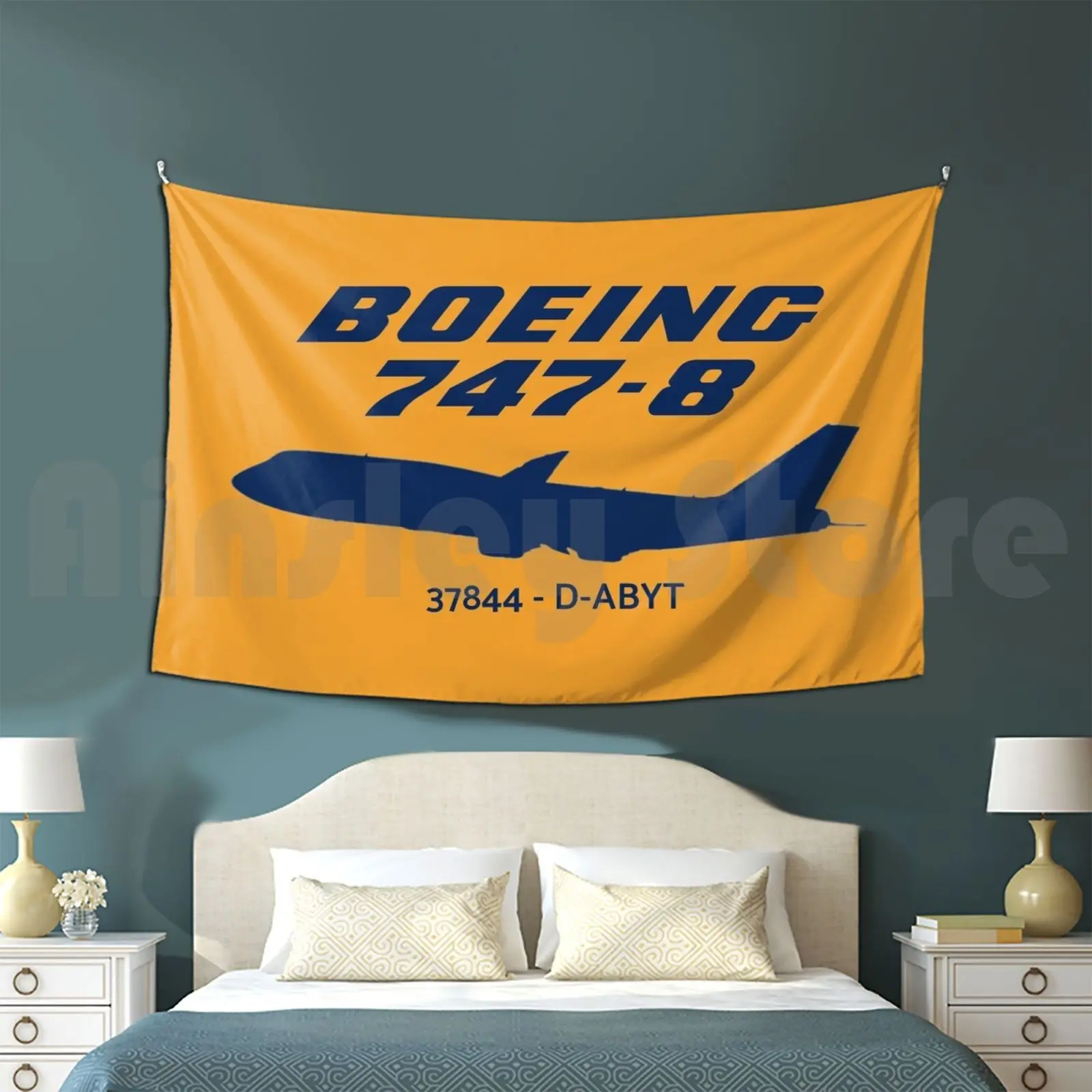 Boeing 747-8 37844 D-Abyt ( Blue ) Tapestry Living Room Bedroom B747 8 Boeing 747 747 8i Jumbo Jet Lh Frankfurt