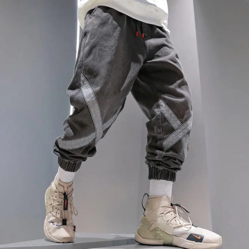 Vintage Mens Jeans Blue Black Cargo Pants Loose Harem Pants Ankle Banded Casual Trousers Hip Hop Streetwear Stretch Joggers