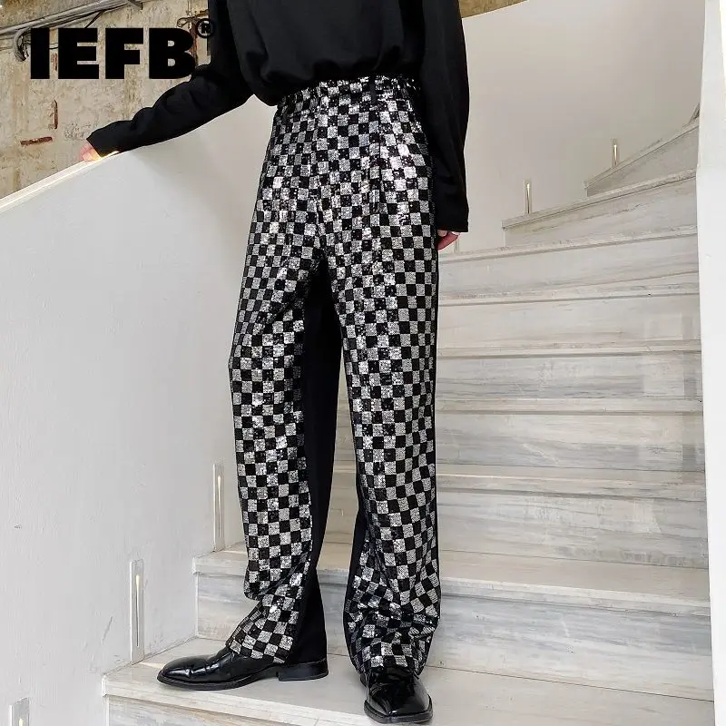 

IEFB Men's Niche Black And White Checkered Sequin Patchwork Men's Long Pants Straight Wide Leg Design Chic Trousers Korean Y9982