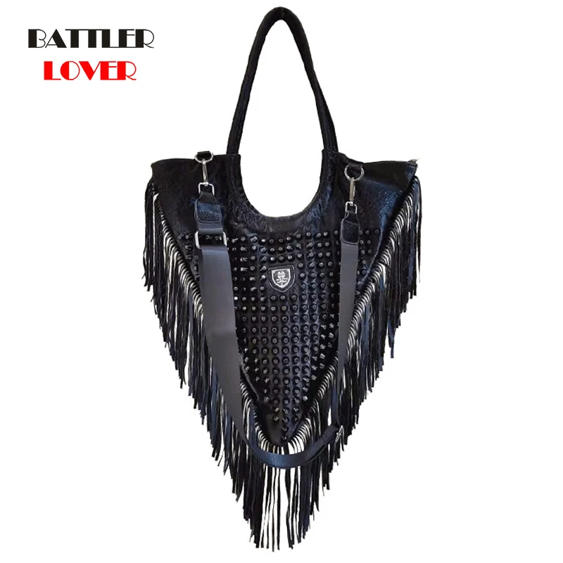 Women Triangle Shapes Handbags New Tassel Design Shoulder Bags For Female Punk Rivets Crossbody Bag Ladies Casual Bucket Totes