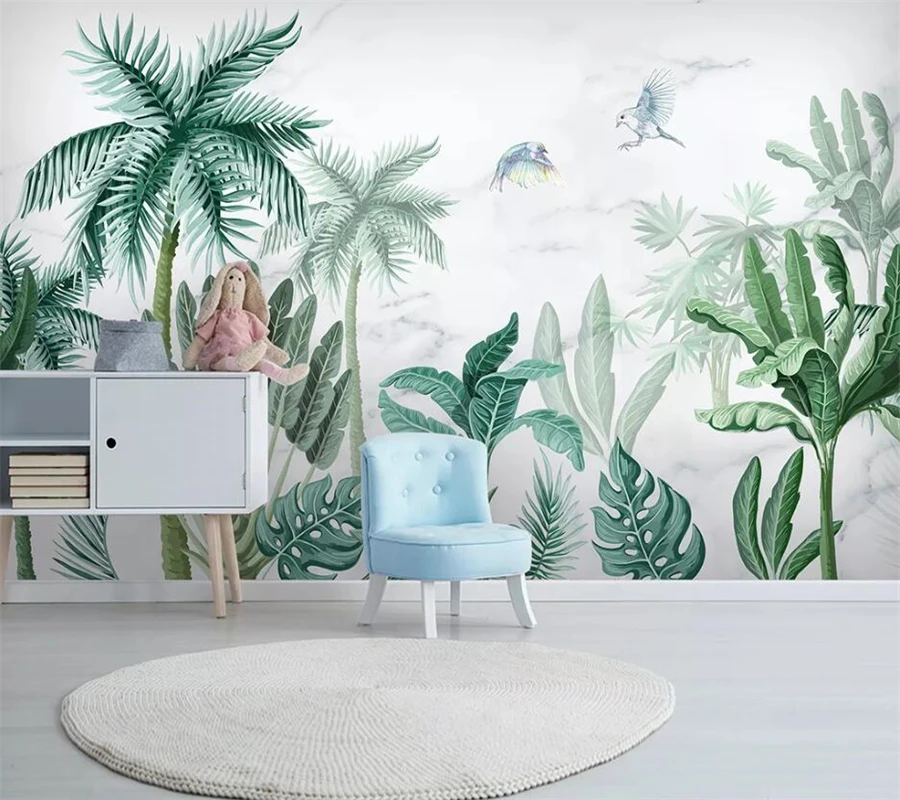 Custom wallpaper 3d photo murals Nordic ins simple small fresh turtle bamboo tropical leaves banana leaf background wall paper