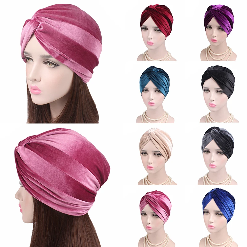 Headscarf Luxury Soft Velvet Turban Stretch Turban Hat Cross Twist Cap Chemo Caps Soft Headwrap Headbands Muslim Hats Headwear