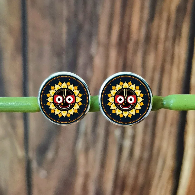 New Hindu God lord Jagannath Earrings for Women Men Cartoon Face Mandala Religious Glass Photo Handmade Stud Earring Jewelry