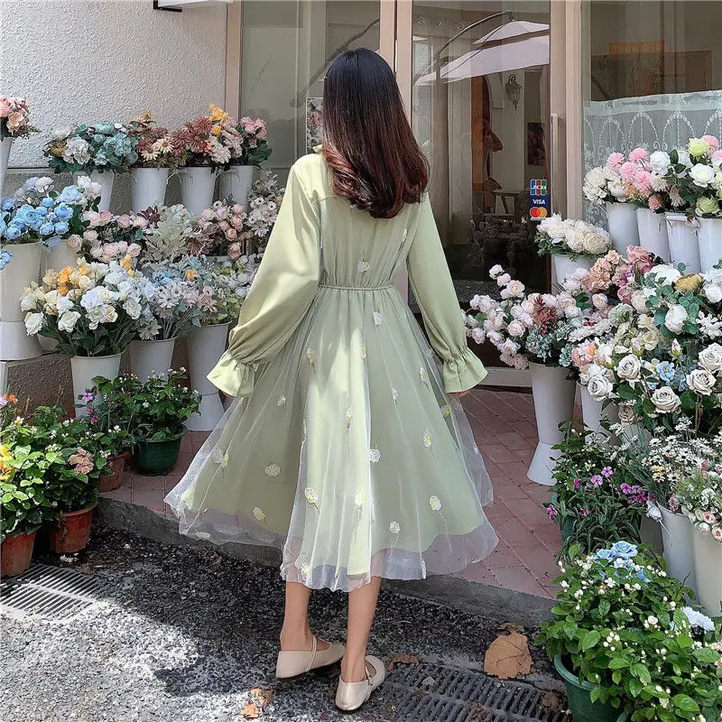 Long Sleeve Dress Women Patchwork Bow Collar Embroidery Elegant College Trendy Causal Holiday Ulzzang Empire Lovely Fall Apricot