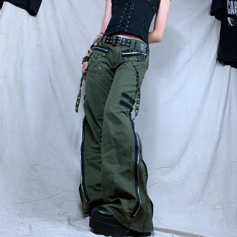 Y2k Women Green Zipper Jeans Grunge Punk Gothic Baggy Retro Bandage Long Pants Low Rise Cargo Korean Female Sweatpants