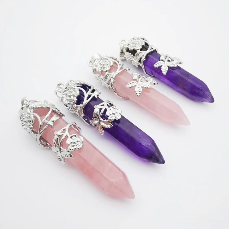 NEW  Flower Rose Crystal Obsidian Amethyst Lapis  Hexagon Pillar Pendant Pendulum 1 PCS