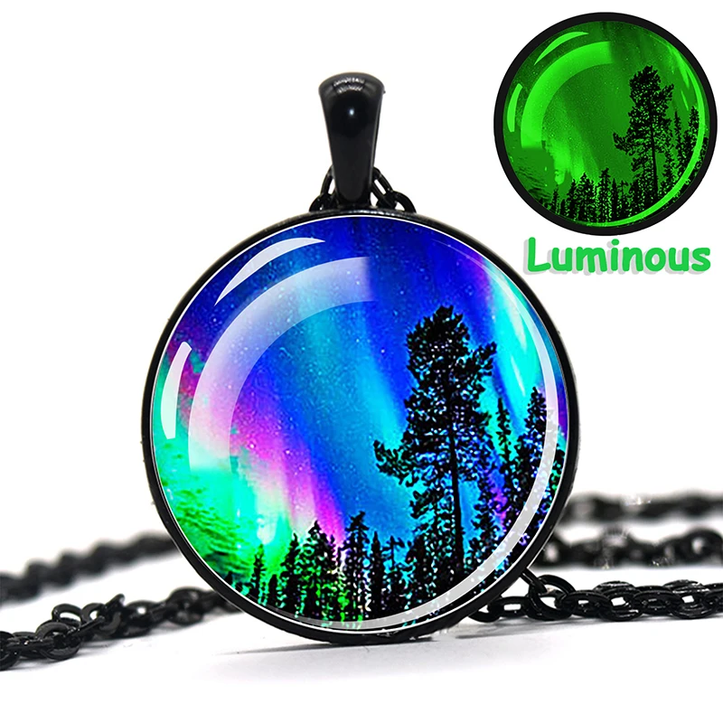 Esspoc Northern Lights Art Picture Luminous Necklace Steampunk Black Chains Pendant Necklaces for Women Men Halloween Gift