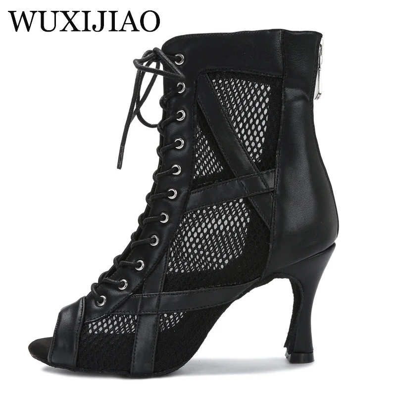 Black Latin Dance Shoes Woman Ladies High Heels Tansparent Mesh Kizomba Bachata Training Stage Performance Party Soft Bottom New