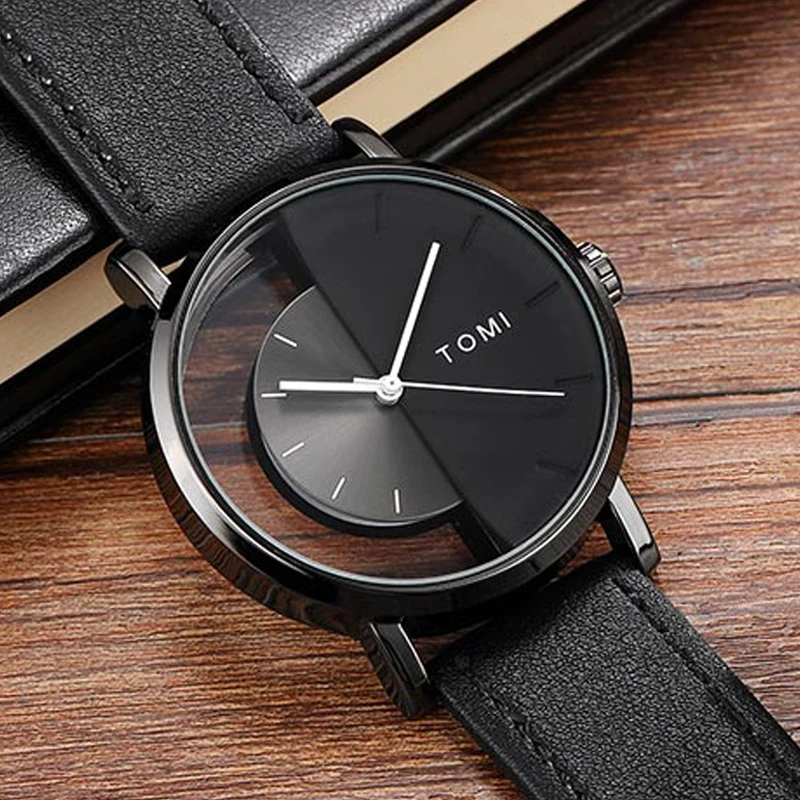 

Unique Creative Half Transparent Unisex Watch clock For Men Women Couple Geek Stylish Leather Wrist watches Fashion Quartz watch