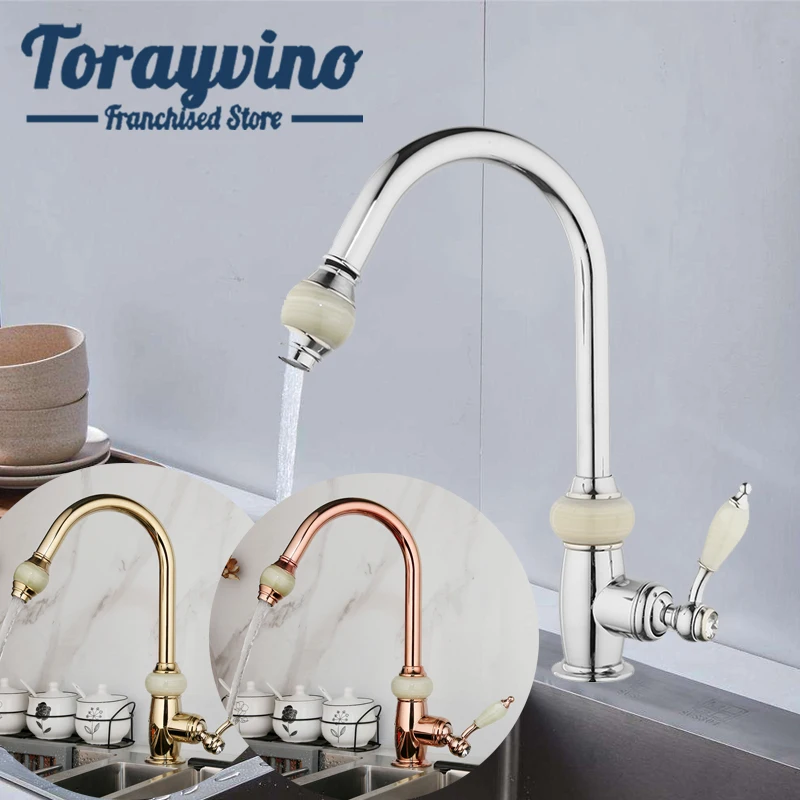 

Torayvino Faucets Kitchen Tap Rose Gold Brass with Ceramic Sink Hot & Cold Water Chrome Deck Mounted Single Holder Hole