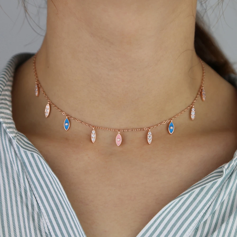 Rose gold Color pastel white pink blue enamel cute lovely evil eye charms Elegance fashion choker necklace