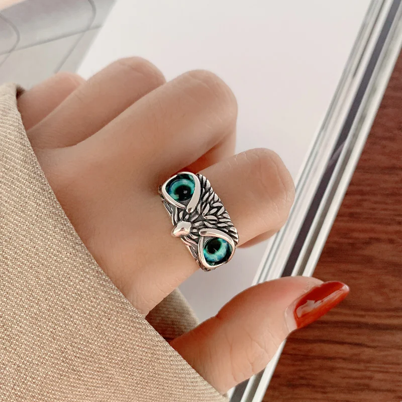 

925 Thai Silver Owl Ring Adjustable Female Animal Blue Eyes Punk For Women Accessories Cool Stuff Gift Fashion Jewelry