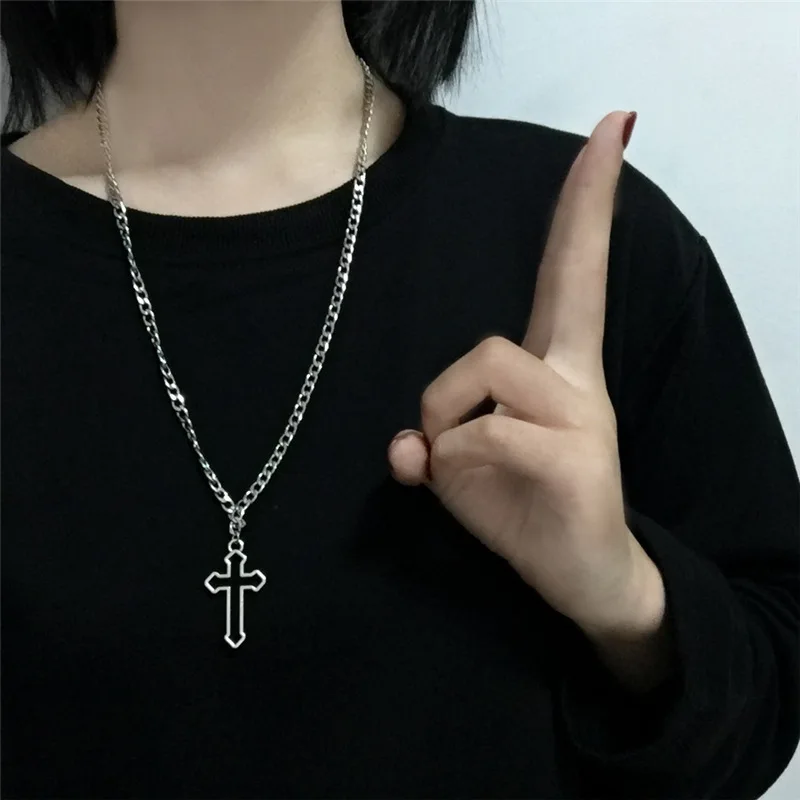 Vintage Gothic Hollow Cross Pendant Necklace Silver Color Cool Street Style Necklace For Men Women Gift Wholesale Neck Jewelry