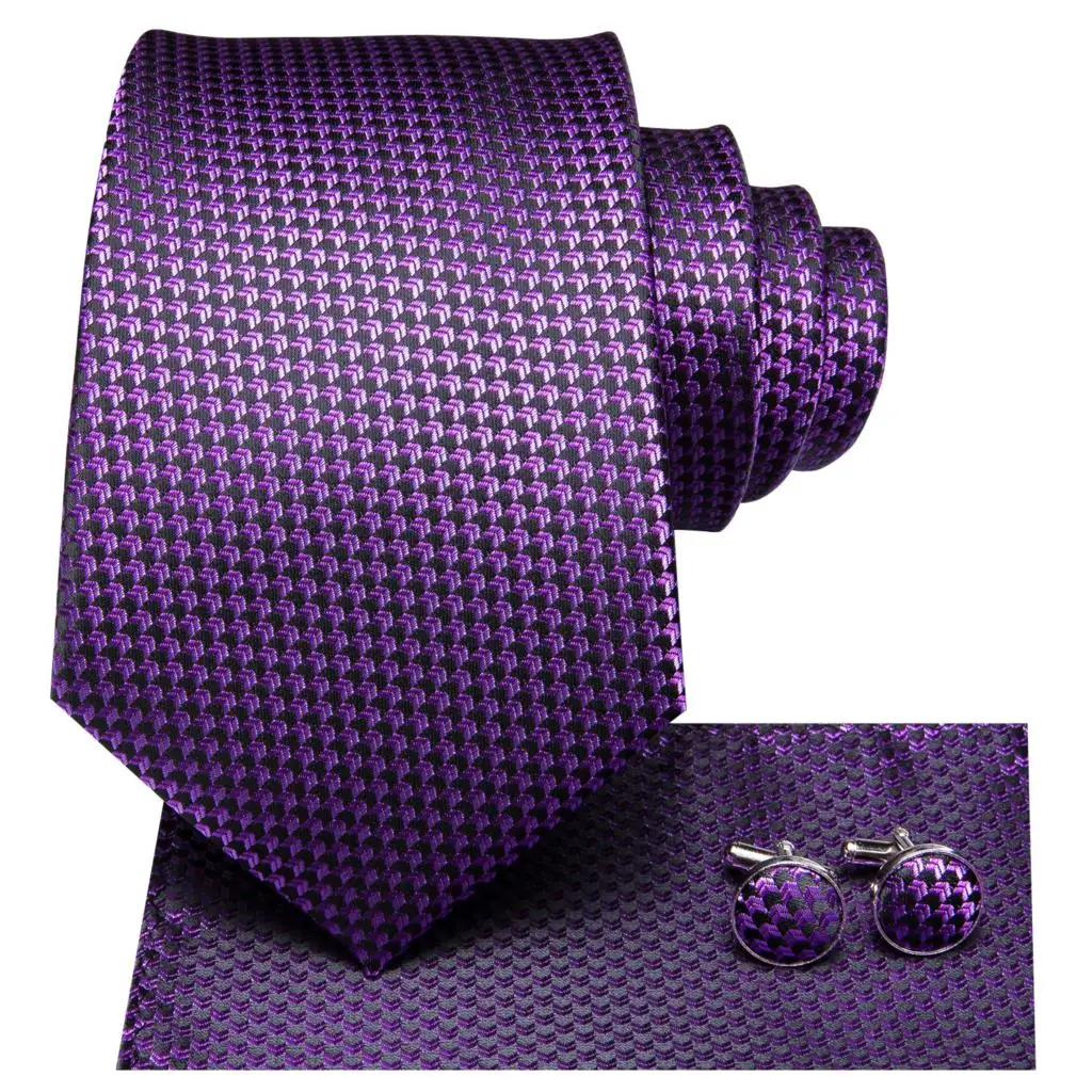 Purple Solid Mens Necktie Luxury 8.5cm Silk Business Tie Hanky Cufflinks Brooch Wedding Tie Gift For Men Hi-Tie Designer