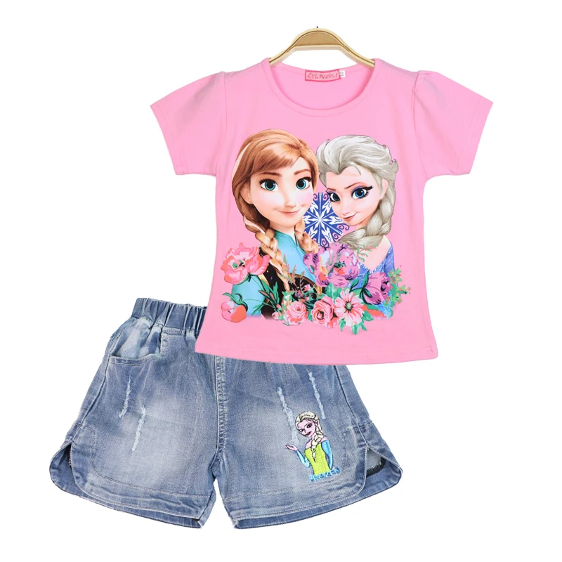 

Disney 2024 New Girls Set Short Sleeve Cotton Frozen Elsa Summer Kids Jeans Shorts Outfits Clothing for Children Suit Clothes