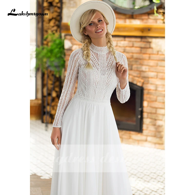 Lakshmigown Boho Lace Wedding Dress with Long Sleeves High Neck Chiffon Beach Wedding Gown Simple Bridal Dresses robe de mariee