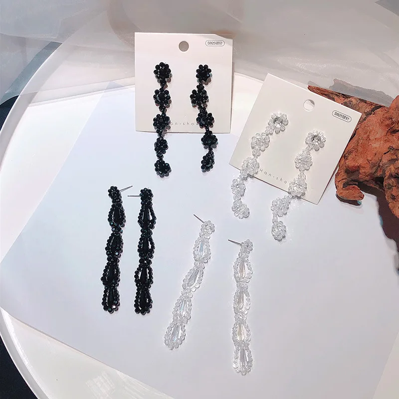 HangZhi 2020 New Korean Black White Transparent Crystal Flower Beaded Tassel Long Drop Earrings for Women Girls Party Jewelry