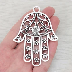 3 x Antique Silver Color Bohemia Large Hamsa Hand with Flower Detail Charms Pendants for Necklace Jewelry Making 85x62mm