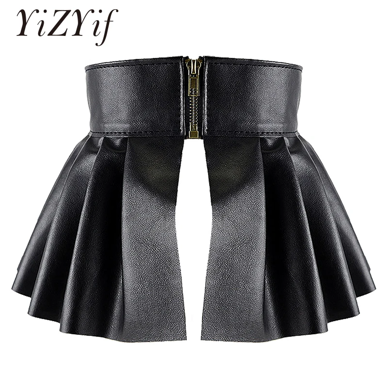 Jupe plissée en cuir PU pour femme, large, élastique, ceinture large, classique, commissionnée, jarretelles Peplum Cinch