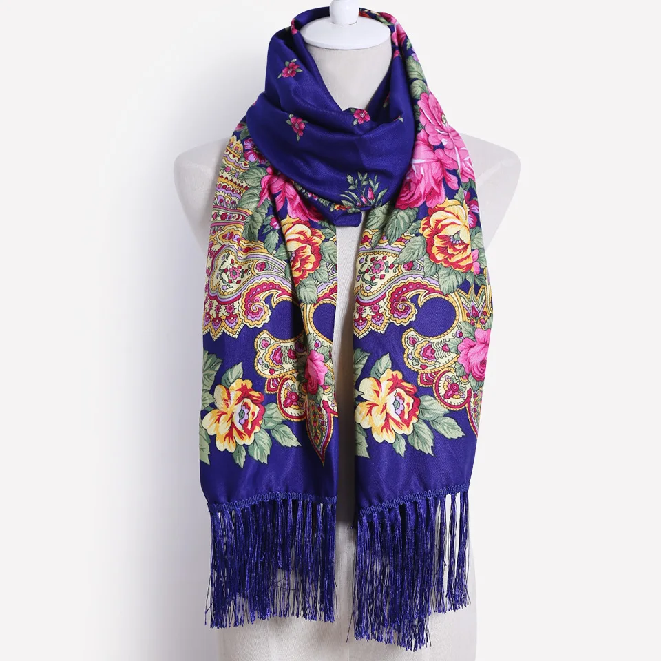 Ethnic Style Floral Print Russian Scarf Women Luxury Flower Printed Bandana Beach Scarves Retro Fringed Winter Pashmina Shawl