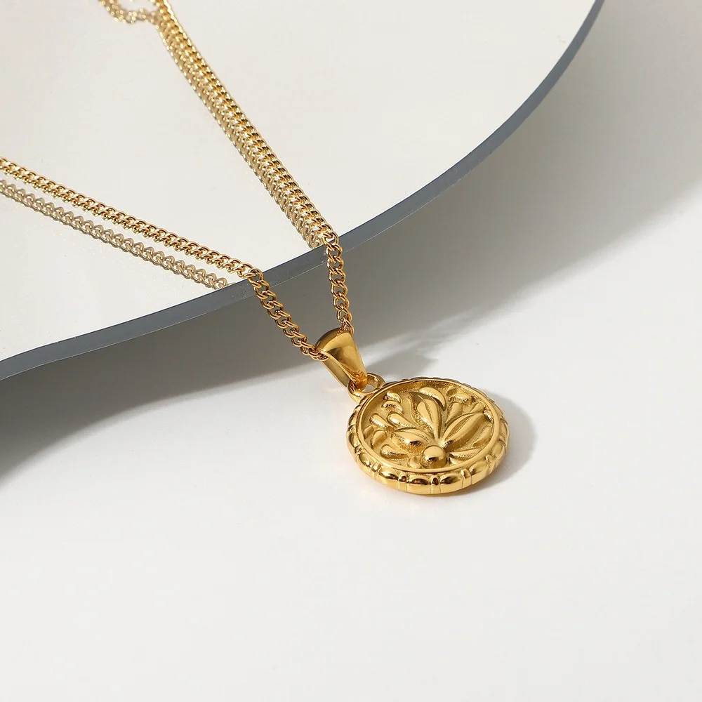 

Carved Coin Necklace For Women Stainless Steel Rose Flower Long Chain Necklaces Pendant Necklace Choker Jewelry Wholesale