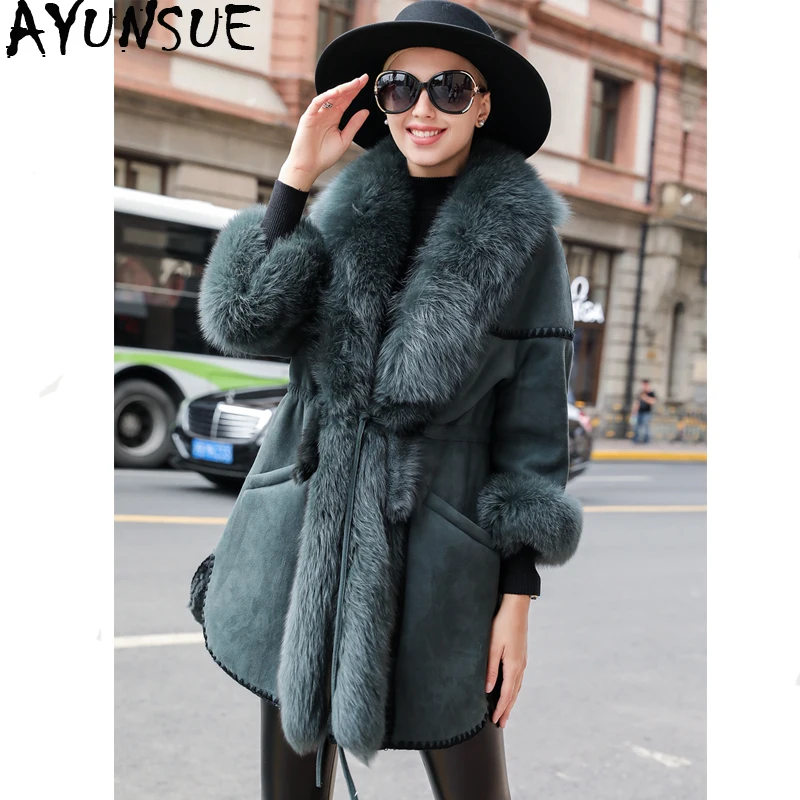 

AYUNSUE Luxury Double Faced Fur Coat Female Genuine Leather Jacket Winter Jacket Women Fox Fur Collar Natural Wool Fur Coats MY