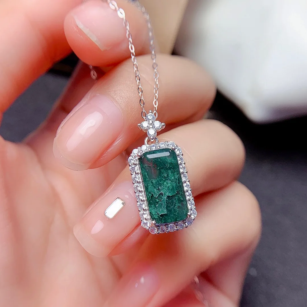 

Fine Jewelry Green Moss Agate Pendant 925 Sterling Silver Engagement Necklace 7x13mm Natural Stone Women Necklace For Gift