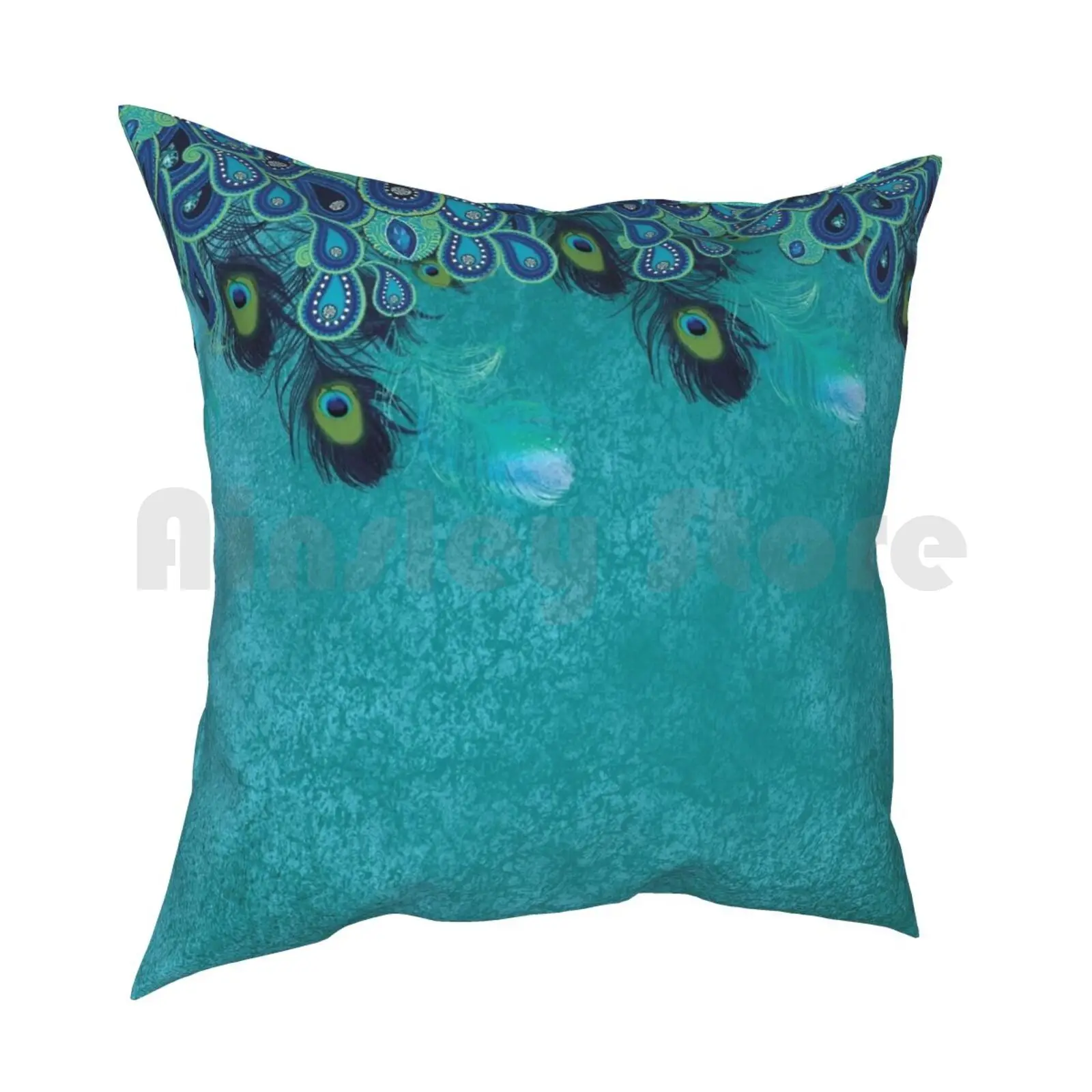 Teal Peacock , Paisley , Feather , Blue , Aqua Pillow Case Printed Home Soft DIY Pillow cover Teal Peacock Paisley Feather