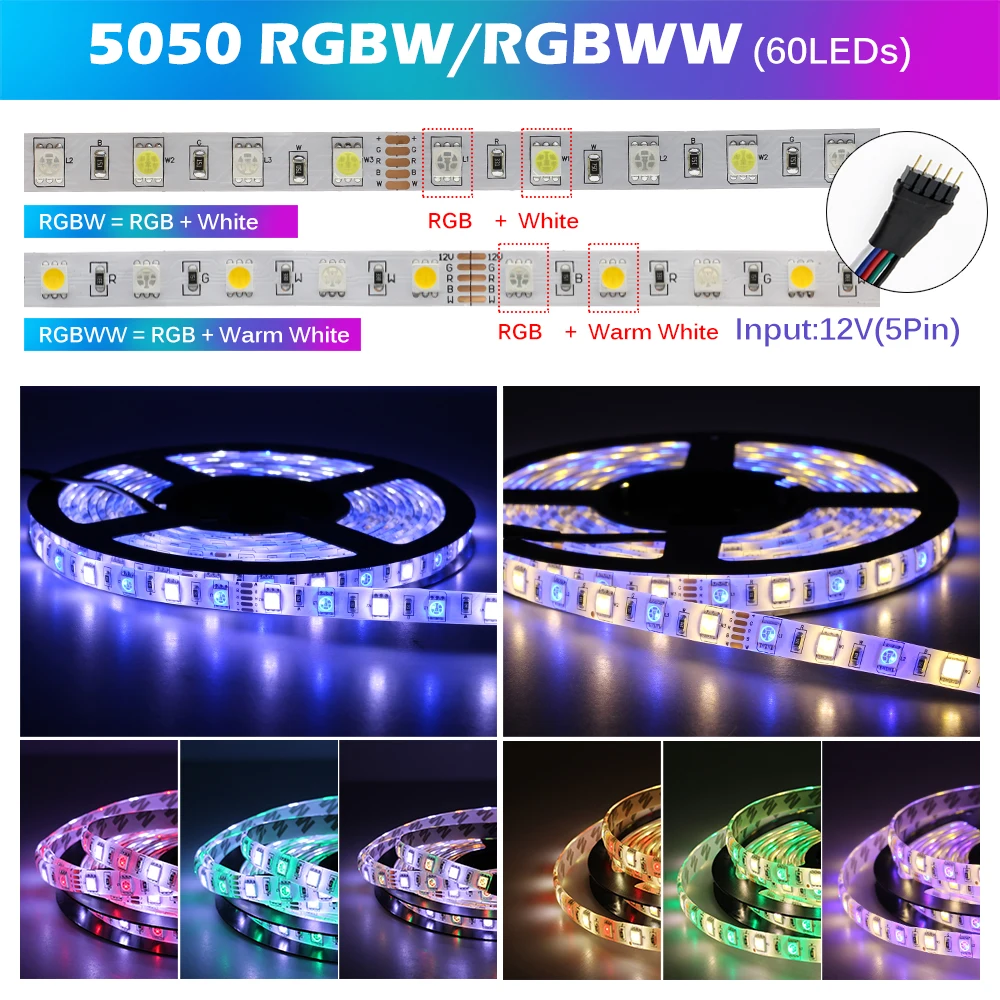 RGB LED Strip Light 5050 2835 DC 12V Neon Ribbon Waterproof Flexible LED Diode Tape RGBW RGB+CCT LED Lights for Home Decoration