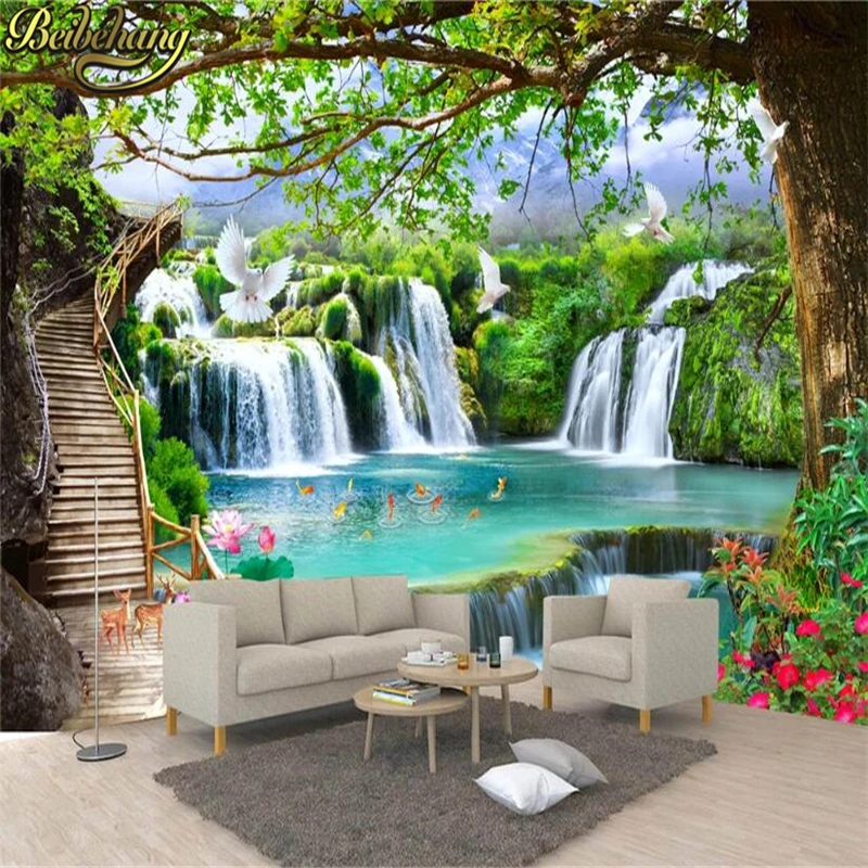 beibehang Custom Photo Wallpaper 3D Large Wallcover Wall Sticker Green tree forest waterfall landscape wall paper 3D background