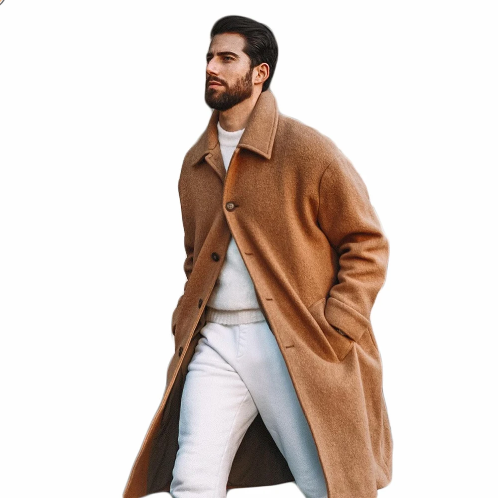 

Winter Woolen Overcoat Warm Men's Solid Thick Singal Breasted Loose Long-Length Casual Trench Coat Male Jacket