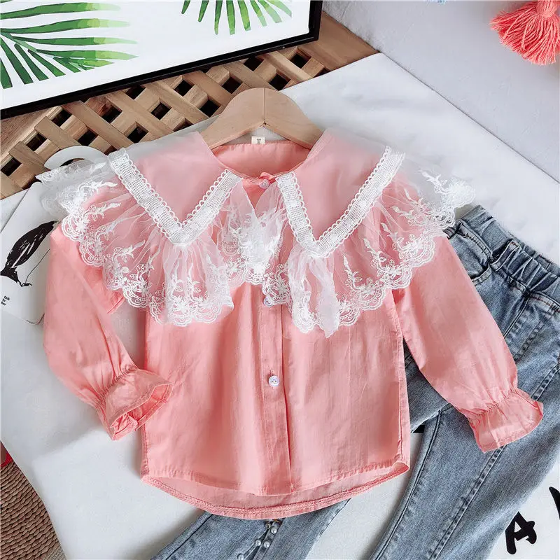 2020 Baby Girls Cotton white soild full lace Shirts  Cute Children kids Blouse  Clothes