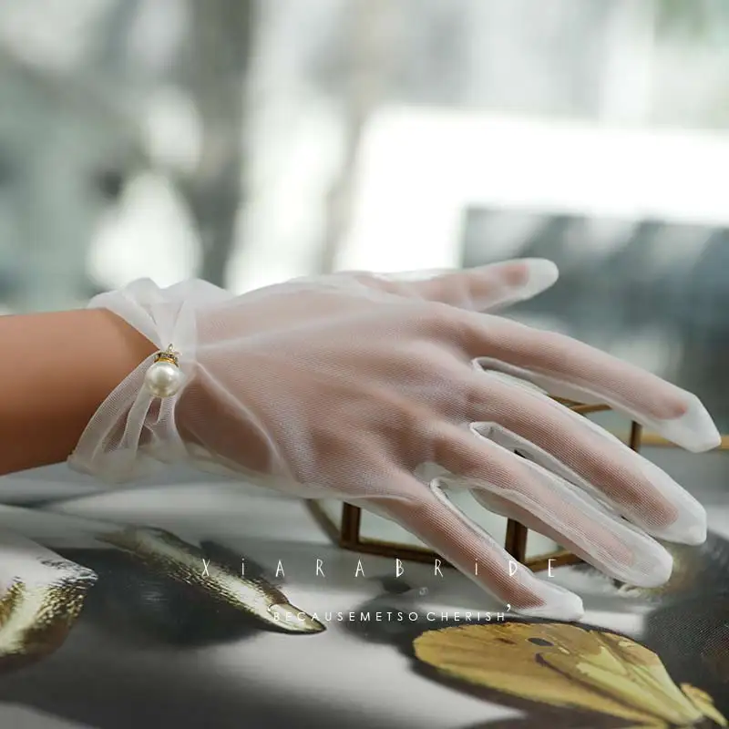 Guantes cortos de gasa de encaje para mujer, manoplas transparentes a prueba de rayos UV, color Beige, para boda y verano, R5, 2018