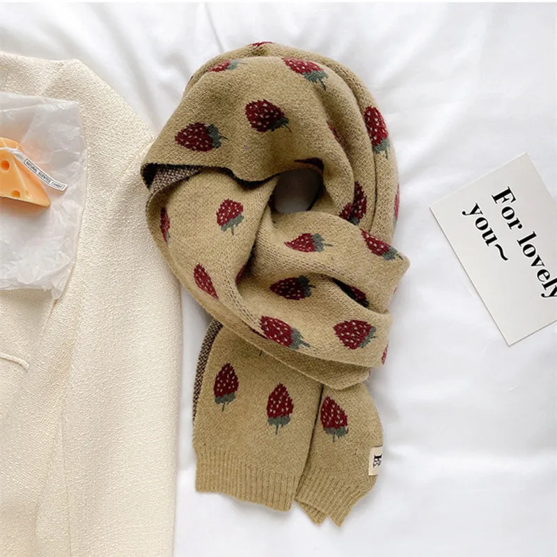 New Woman Autumn And Winter new Korean knitting Strawberry scarf cute student decoration warm long Color grid bib