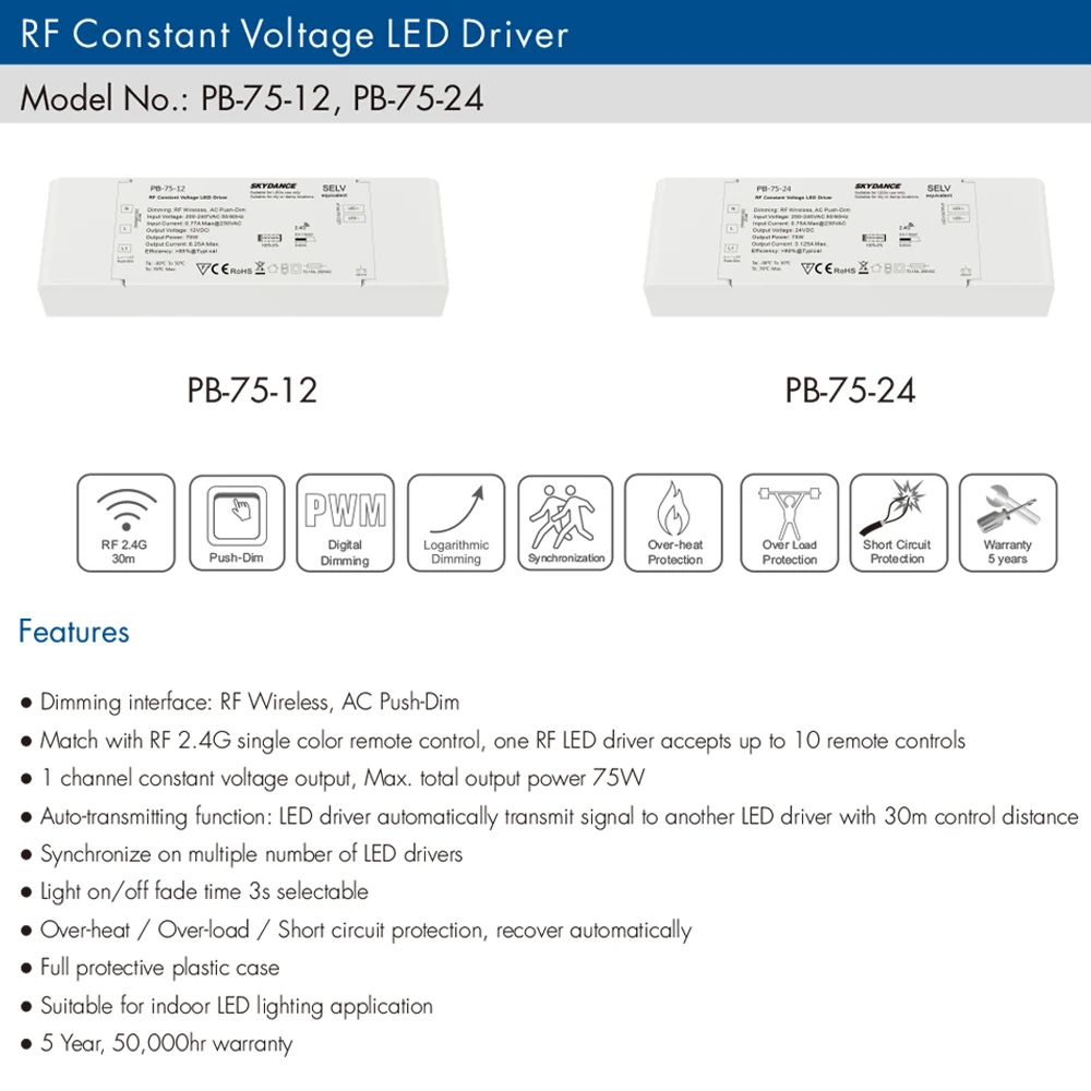 40W 75W dimmerabile LED Driver tensione costante 12V 24V alimentatore AC Push Dimmer 2.4G RF telecomando per illuminazione a strisce LED