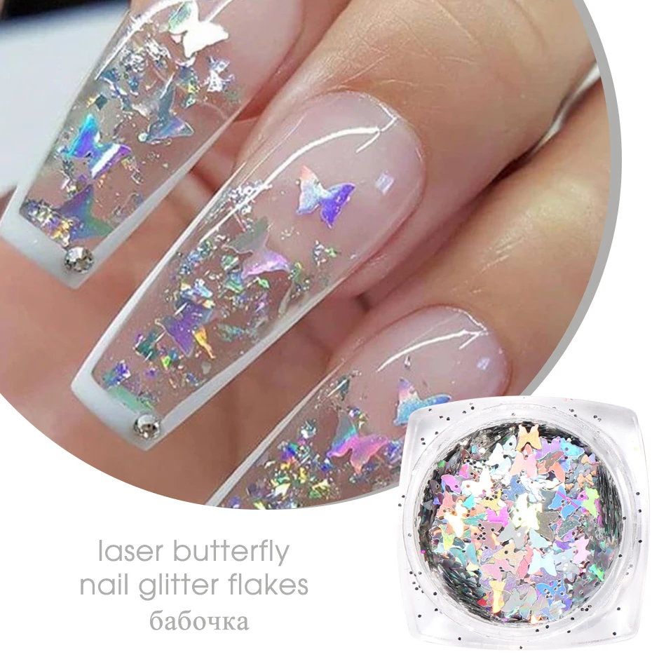 Purpurina holográfica para uñas, copos de lentejuelas de mariposa, espejo brillante, corazón, estrella, Aurora, diseño de decoración 3D, GLHB01-04